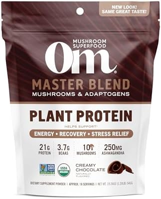 Om Mushroom Superfood Master Blend Plant-Based Protein Powder, 19.26 Ounce, 14 Servings, Creamy Chocolate Protein with 10 Mushroom Complex, Lions Mane, Adaptogens for Optimal Health and Recovery