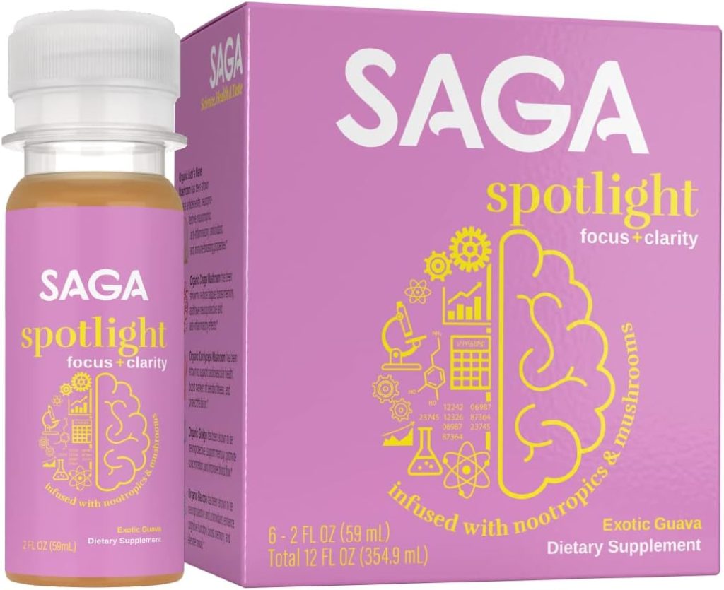 SAGA Organic Focus Shots | Contains Nootropics, Adaptogens, & Mushrooms – Bacopa & Ashwagandha | High Bioavailability & Fast Onset | No Jitters & Boosts Productivity | Exotic Guava 2oz Shots(6-Pack)