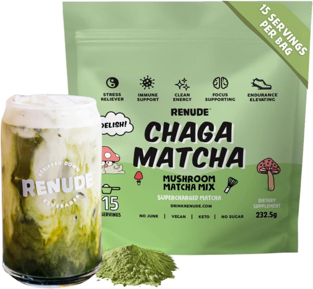 Renude Chaga Matcha – Ceremonial Grade Matcha Superfood Drink Mix with Adaptogens – Mushroom Matcha – Keto, Vegan, and Sugar Free – Natural Energy & Immune Support – (15 Servings)