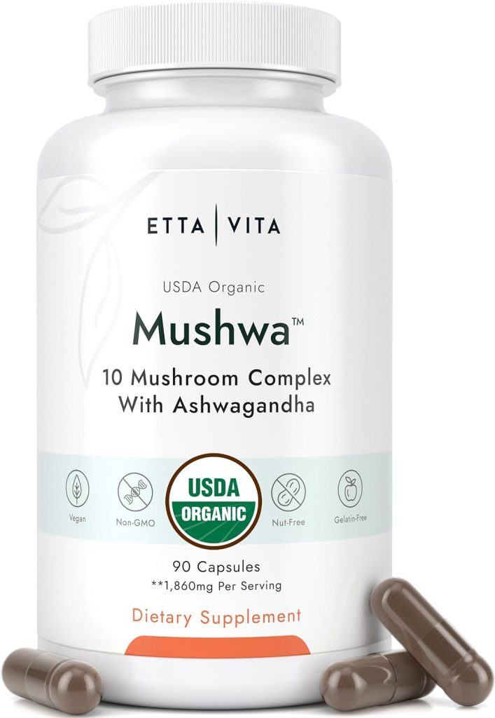 USDA Organic Lions Mane Supplement Capsules with Ashwagandha, Chaga, Reishi, Cordyceps, Turkey Tail (18,600mg/serv) 10x Adaptogenic Mushroom Complex as Focus Supplement – Energy, Immunity & Nootropic