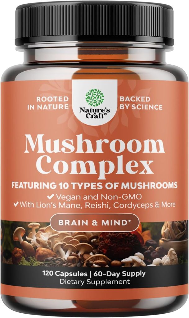 Extra Strength Mushroom Complex Capsules – 10X Lions Mane Mushroom Supplement Capsules with Reishi Chaga Cordyceps & More – 1330mg Adaptogenic Mushroom Nootropics Brain Support Supplement (2 Months)