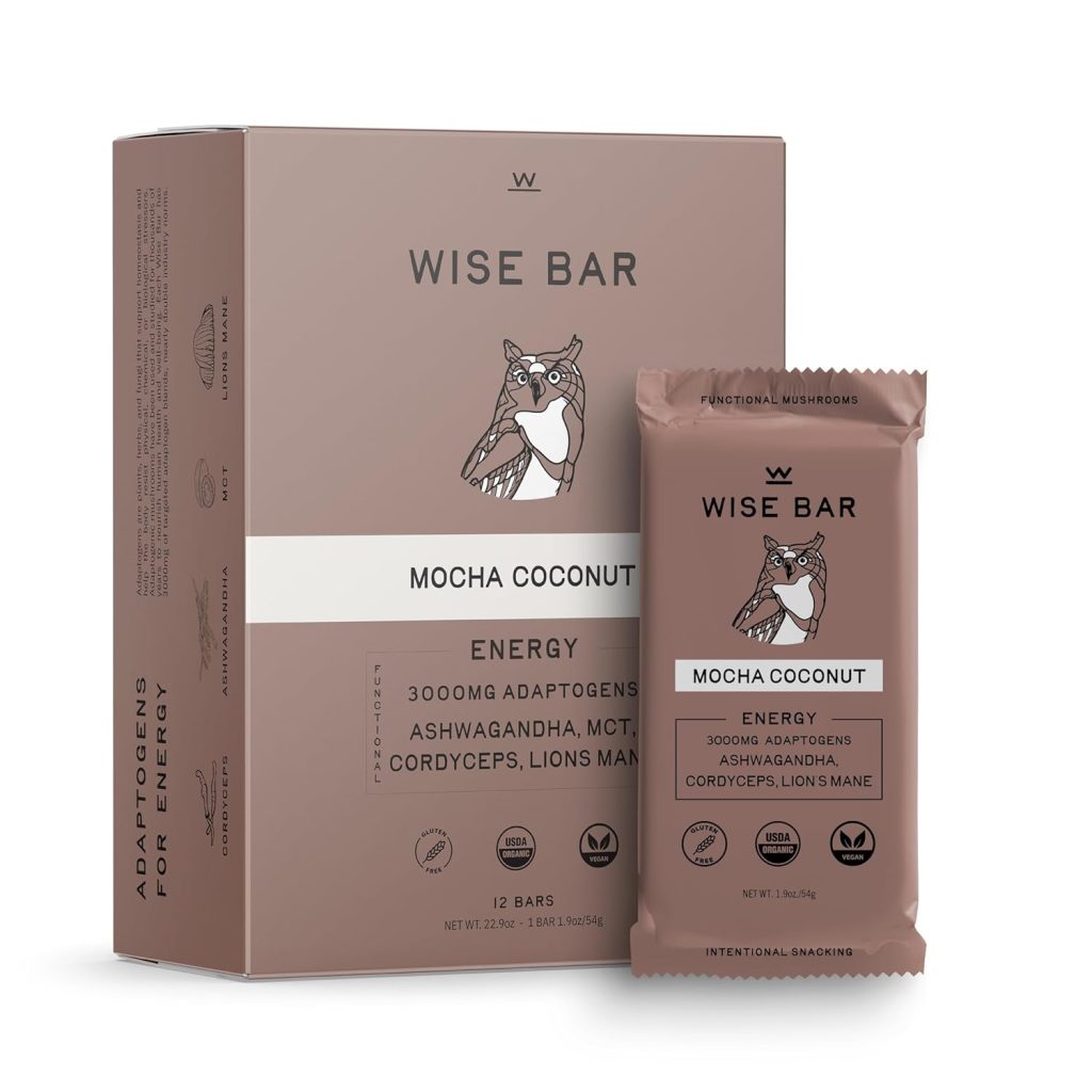 Wise Bar Adaptogen Mushroom Nutrition Bars | Mocha Coconut Flavor | 12 Count | Daily Dose of 3,000mg Functional Mushrooms and Adaptogens Per Bar | Organic Nutrition Bars, Vegan Nutrition Bars, Gluten Free Nutrition Bars | Date Based | Cordyceps, Ashwagandha, MCT, Lion’s Mane | Energy