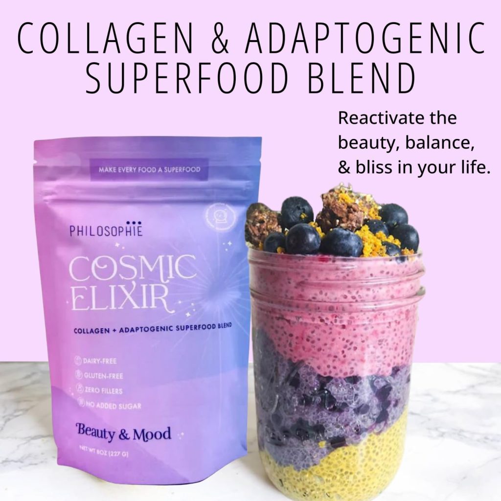 Philosophie Cosmic Elixir Superfood Blend with Collagen + Adaptogens, 32 Servings, Organic & Unsweetened – Improves Gut Health, Emotional Balance, Joint Health, Skin Vitality, Hormone Support