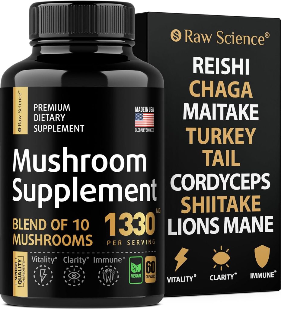 Mushroom Supplement – Shiitake Mushrooms & Lions Mane Supplement Capsules – Nootropic Mushroom Complex with Reishi, Turkey Tail, Chaga Extract & Cordyceps Powder – Brain & Focus Support – 60 Capsules