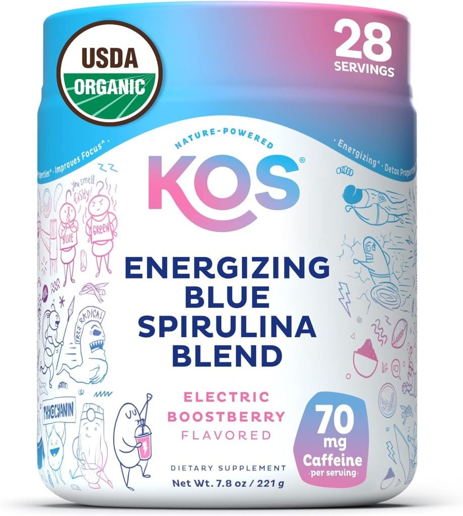 KOS Energizing Blue Spirulina Blend – USDA Certified Organic – B Vitamins, Ashwagandha, Ginseng, Adaptogens, Biotin – Vegan Pre Workout Powder – Caffeinated, Berry Flavored, 28 Servings