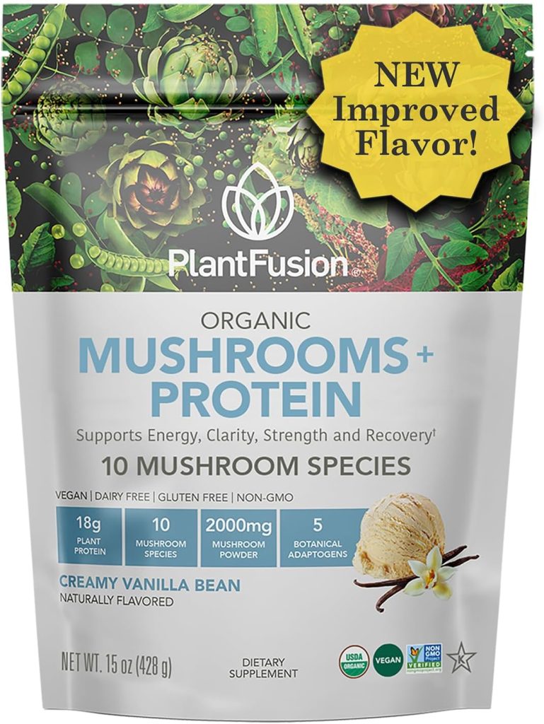 Plantfusion Mushroom Protein Powder – 3 in 1 Vegan Protein Powder, Mushroom Supplement, and Adaptogen Supplement – Support Mental Focus, Immunity, and Recovery – Vanilla 1lb