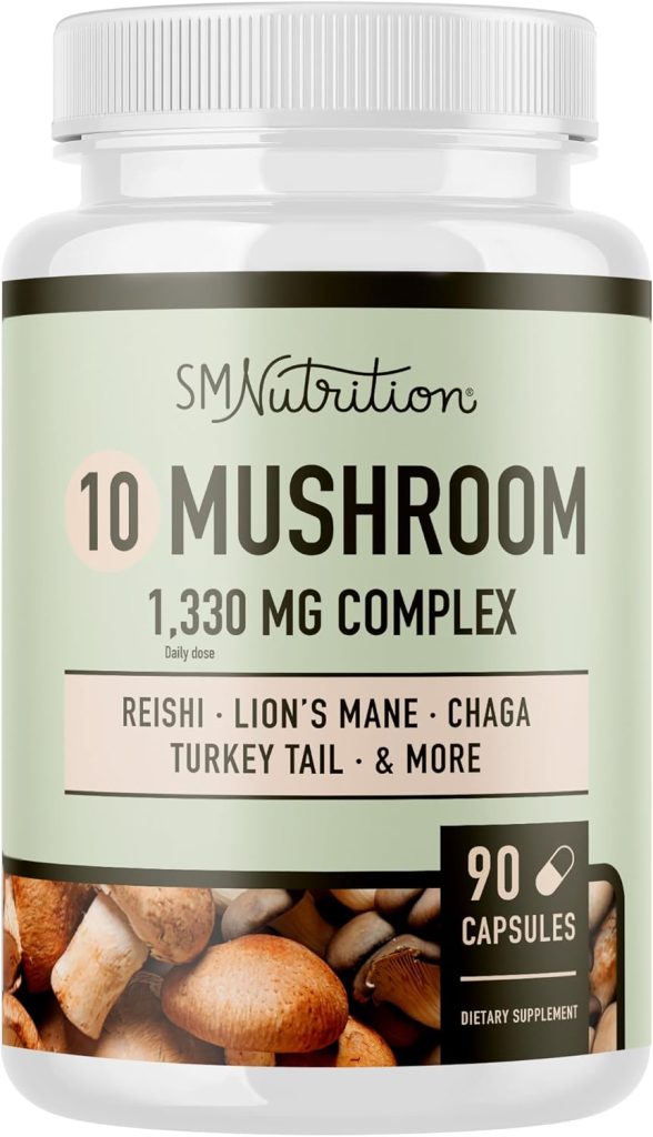 10 Mushroom Complex Supplement | 1300+ MG Blend with Lions Mane, Turkey Tail, Cordyceps, Reishi, Shiitake, Maitake, Chaga & White Button Mushroom Extracts | Immune & Adaptogen Support | 90 Capsules