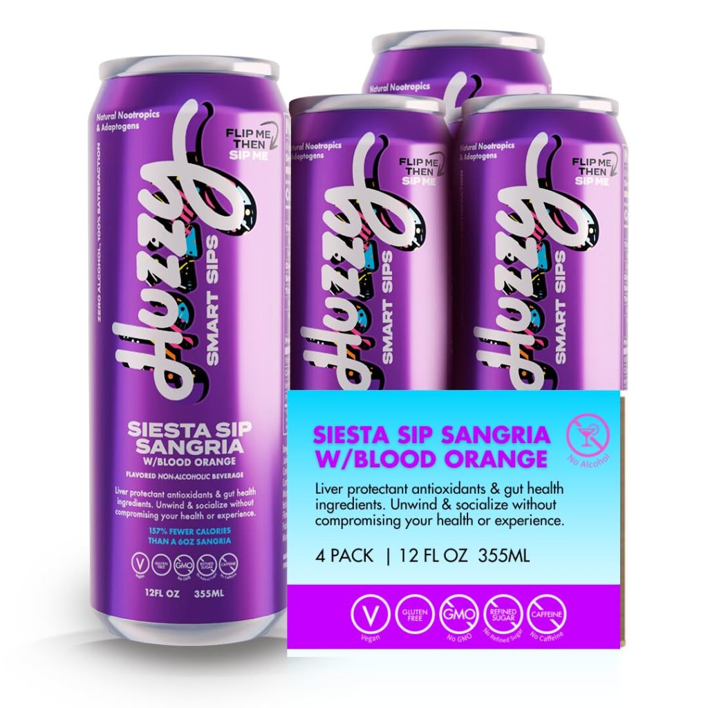 Huzzy Smart Sip Siesta Sip Sangria w/Blood Orange Drink, Non-Alcoholic Beverages, Healthy Mocktails and Drink Flavors, Alcohol-Free Drinks, Alcohol Replacement Refreshing Drink for All Occasions, 4PK