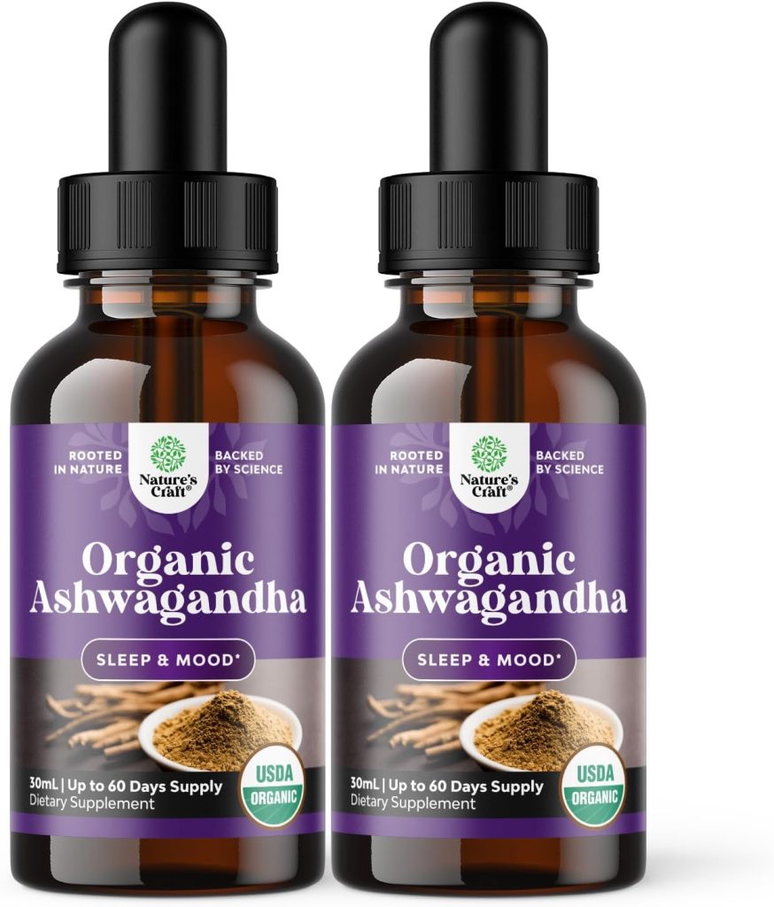 USDA Organic Ashwagandha Liquid Drops – Liquid Ashwagandha Root Extract for Stress and Mood Support – Tasty Adaptogenic Ashwagandha Tincture – Non GMO Vegan Gluten Alcohol and Sugar Free (2 Pack)