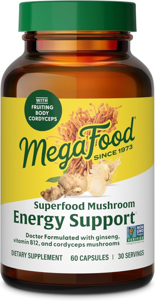 MegaFood Superfood Mushroom Energy Support – Cordyceps Mushroom Supplement with Methylated B12 Vitamins & Panax Ginseng – Doctor Formulated, Gluten-Free, Vegan – 60 Capsules, 30 Servings