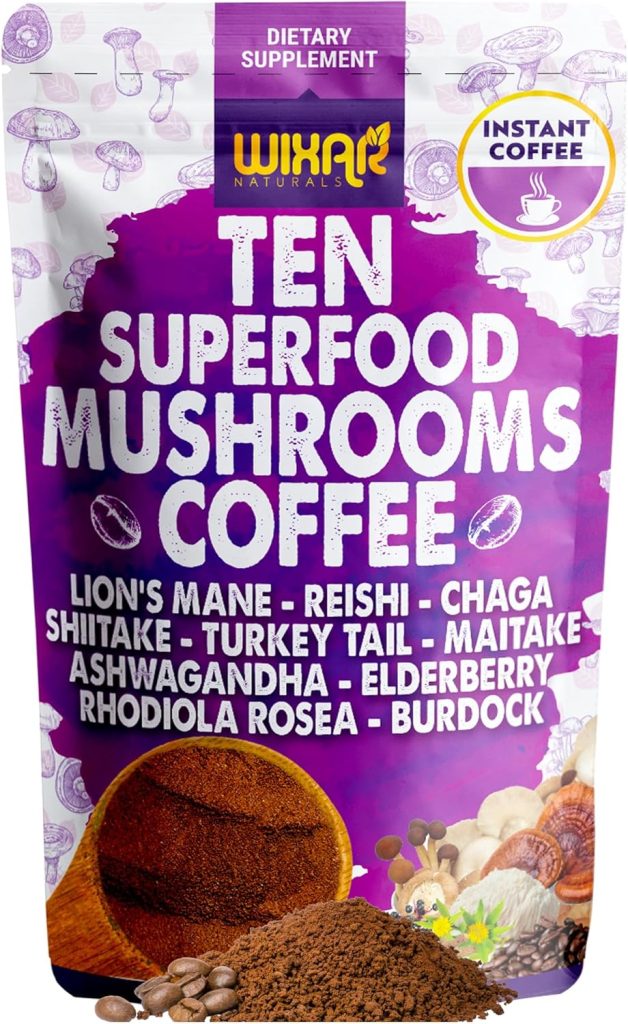 WIXAR Superfood Mushroom Coffee – Instant Coffee Powder, Ten Superfood Extracts with Lion’s Mane, Turkey Tail, Reishi, Chaga, Shiitake, Ashwagandha, Rhodiola Rosea, Elderberry, 5oz Mushroom Supplement