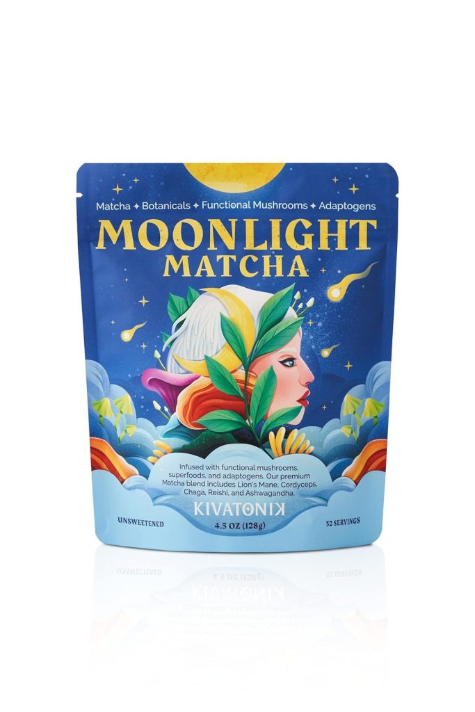 KIVATONIK Moonlight Matcha – Ceremonial Matcha with Organic Functional Mushrooms and Adaptogens – Lion’s Mane, Cordyceps, Chaga, Reishi, and Ashwagandha (32 Servings, Unsweetened)