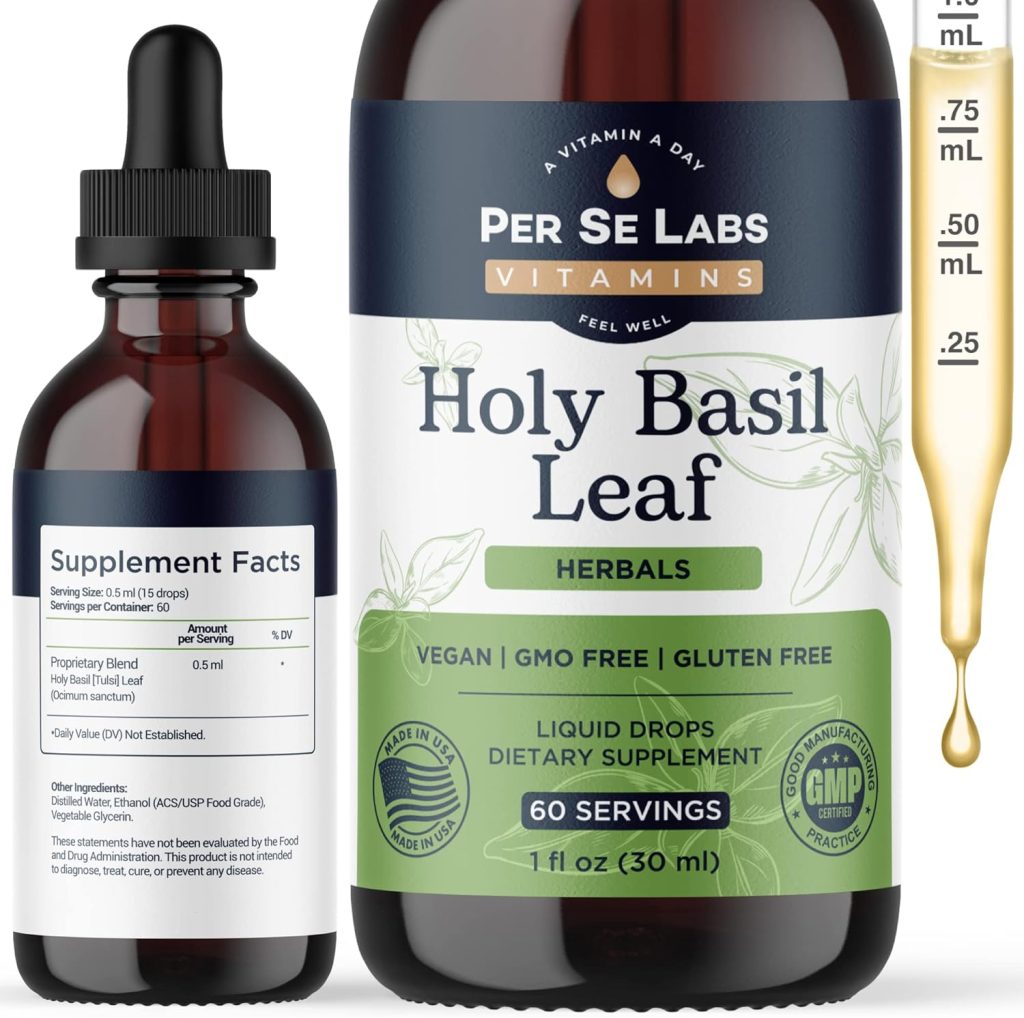 Natural Holy Basil Leaf Liquid Drops 2 Months Provide – Immune Help, Mind & Focus Booster, Adaptogen