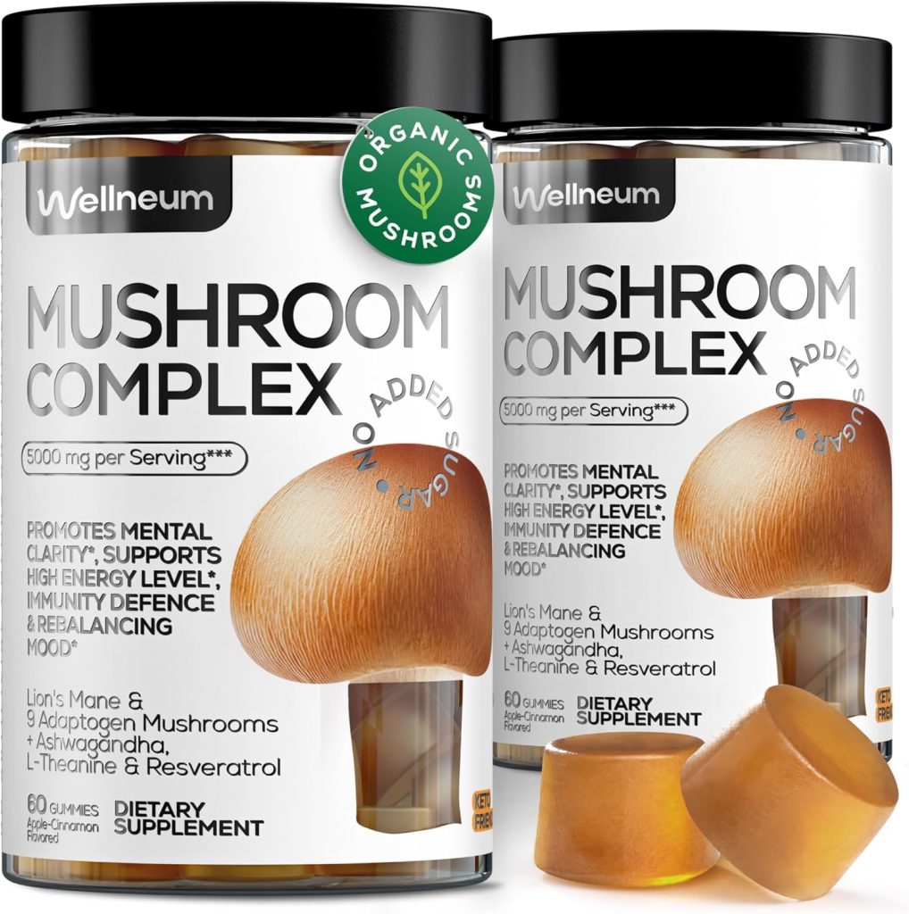 Mushroom Gummies 5000 Mg – Lion’s Mane and 9 Adaptogenic Mushrooms Mix – Ashwagandha, L-Theanine – Mushroom Gummies for Vitality, Immunity, Focus, Mind Enhance – No Sugar and GMO – 120 pcs (Pack of two)