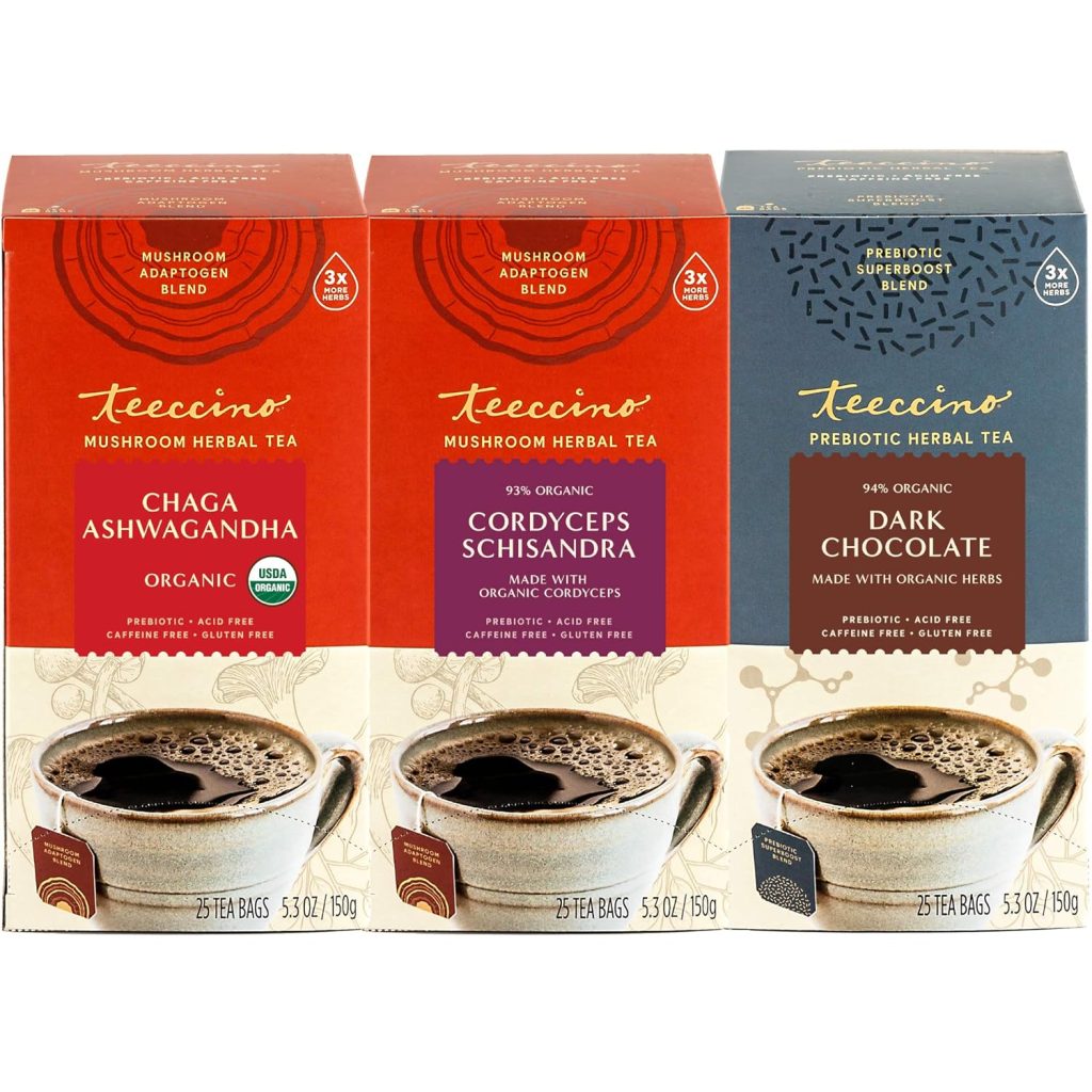 Teeccino Wellness Tea Selection Pack – Chaga Ashwagandha, Cordyceps Schisandra, Darkish Chocolate – Mushroom Adaptogen & Prebiotic Natural Teas, 25 Tea Luggage (Pack of three)