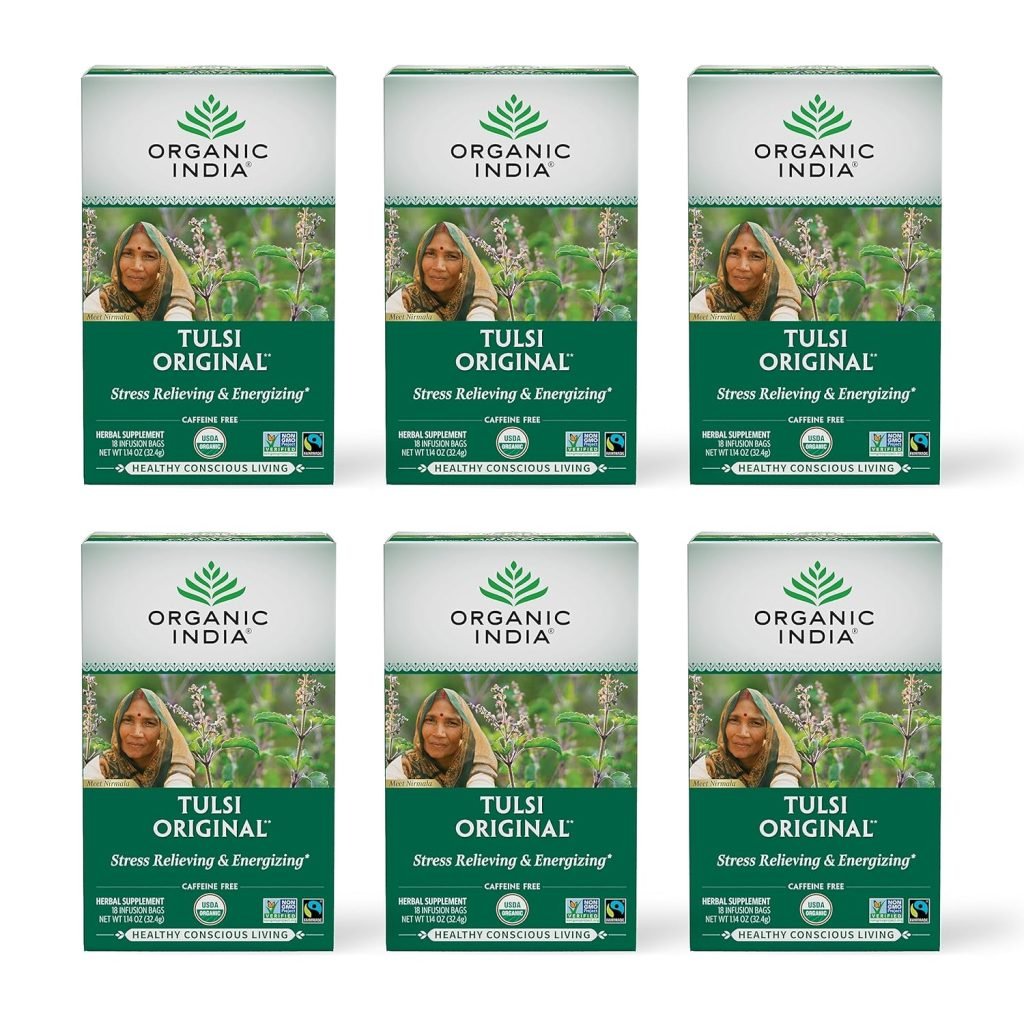 Natural India Tulsi Authentic Natural Tea – Holy Basil, Stress Relieving & Energizing, Immune Assist, Adaptogen, Vegan, USDA Licensed Natural, Non-GMO, Caffeine-Free – 18 Infusion Luggage, 6 Pack