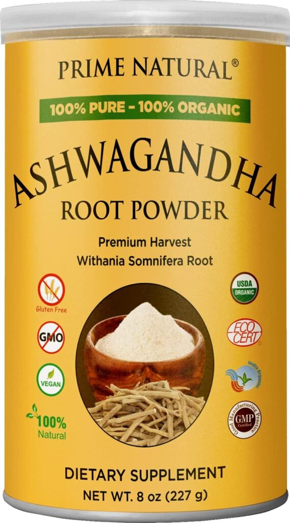 PRIME NATURAL Organic Ashwagandha Root Powder 8oz | Ayurvedic Adaptogen for Calm, Vitality, Boosts Energy, Stamina | Pure, USDA Certified Organic, Raw, Vegan