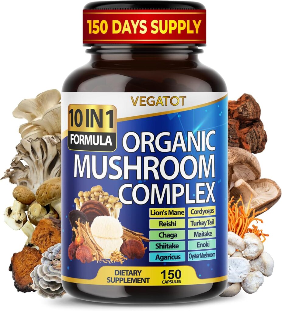 10 in 1 High Strength Mushroom Supplement 9,700MG – Lions Mane, Cordyceps, Reishi – Brain Supplements for Memory and Focus