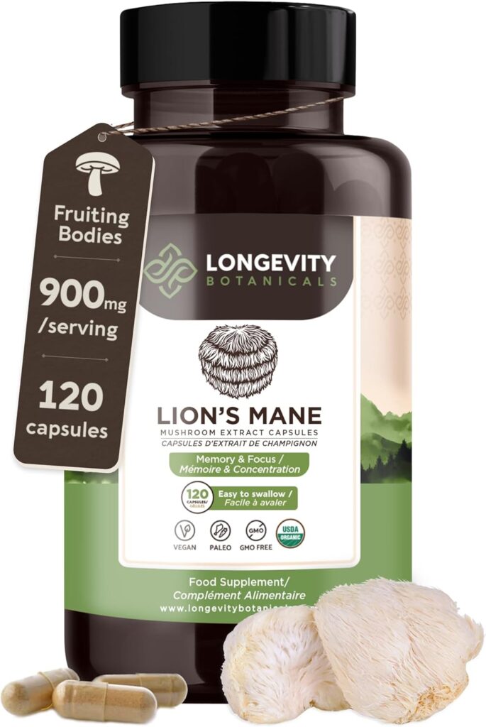 Longevity Botanicals Organic Lions Mane Mushroom Capsules – Ultra Concentrated Lions Mane Mushroom Supplement – Promotes Mental Clarity, Focus and Memory – 100% Fruiting Body – 120 Count