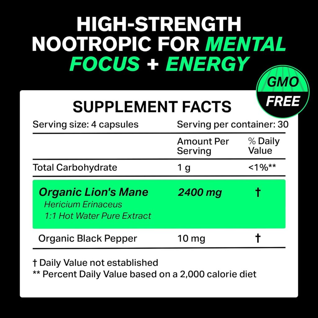 Organic Lions Mane Supplement Capsules 2400 mg – Powerful Nootropic – Helps Maintain Memory, Energy, and Mental Clarity – Vegan Brain Booster Focus Pills – Real Lion’s Mane Supplement – Melena de Leon