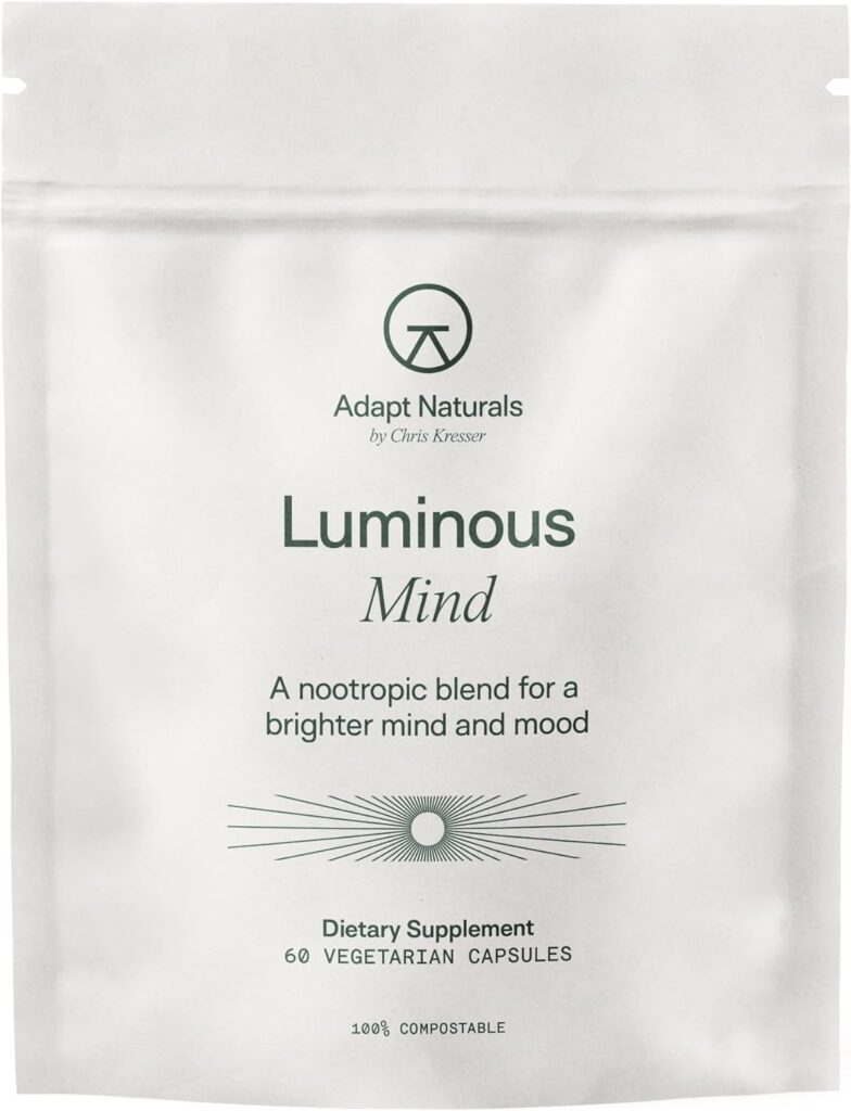 Adapt Naturals Luminous Mind Nootropic Brain Supplement with Ginkgo Biloba, Bacopa and Lions Mane | Memory, Focus, Mental Clarity and Elevated Mood Support | No Caffeine, Crash Free – 30 Days Supply