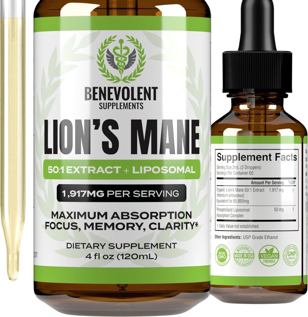 Lions Mane Mushroom Supplement – 50:1 Lion’s Mane Liquid Extract Tincture & Phospholipid Liposomal Absorption Complex Drops – Promotes Focus, Memory & Mental Clarity – Made in USA – 4 Fl. Oz