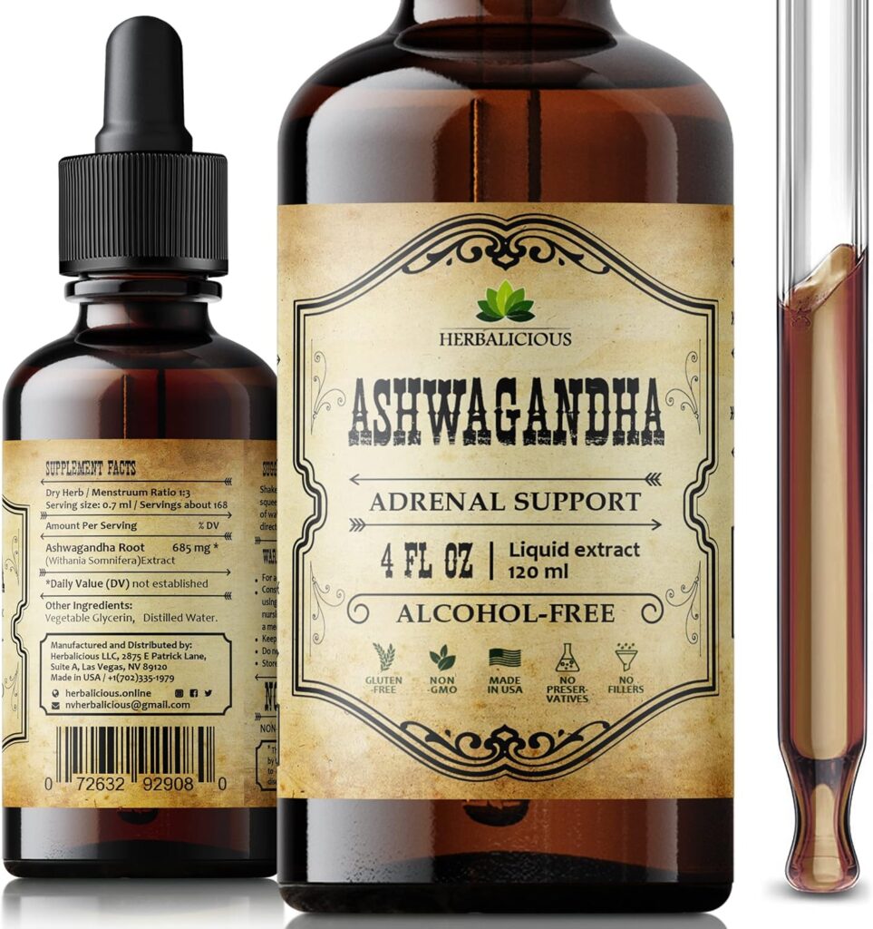 Ashwagandha Supplement – Organic Withania Somnifera Root Extract Liquid Drops – Natural Stress Relief, Mood Booster, Sleep Aid & Calming Support – Non-GMO Vegetarian Formula 4oz