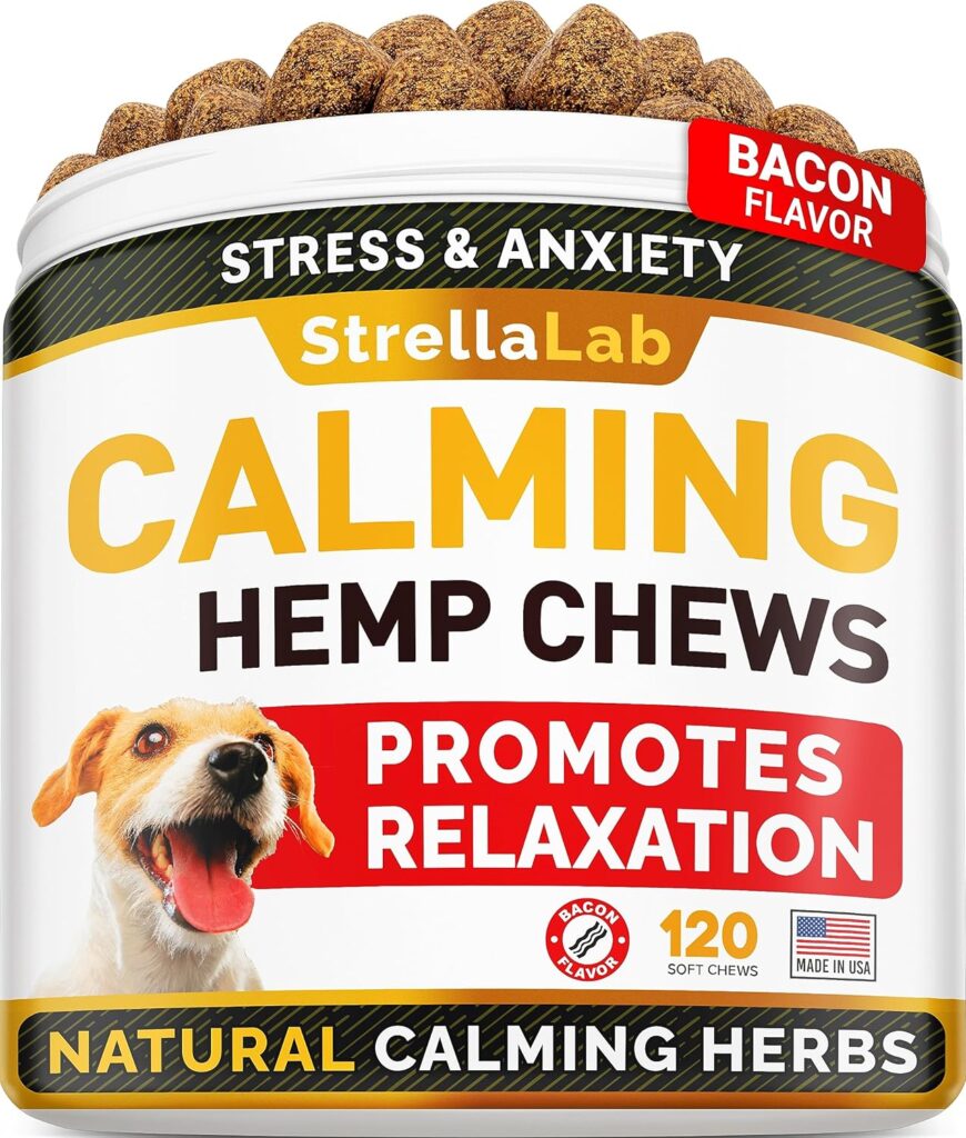 STRELLALAB Hemp Calming Chews for Dogs Anxiety Relief – Made in USA w/Hemp Oil – Dog Training & Behavior Aid – Natural Stress Relief During Firework, Storm, Separation, Barking – 120 Treats