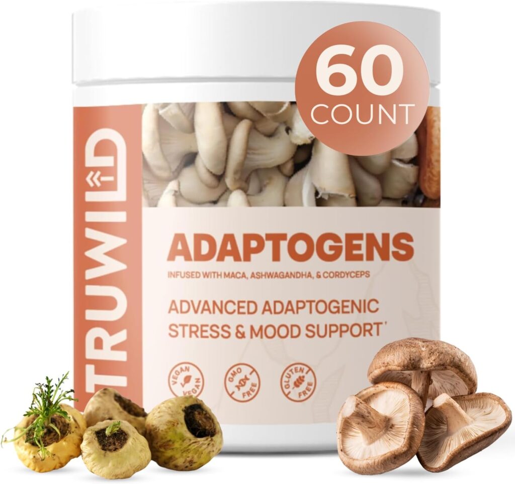 TruWild Adaptogen Blend with Cordyceps Maca Ashwagandha – Full Spectrum Mushroom Blend for Daily Support and Function, All Natural Formula with 7 Key Ingredients, 60 Capsules
