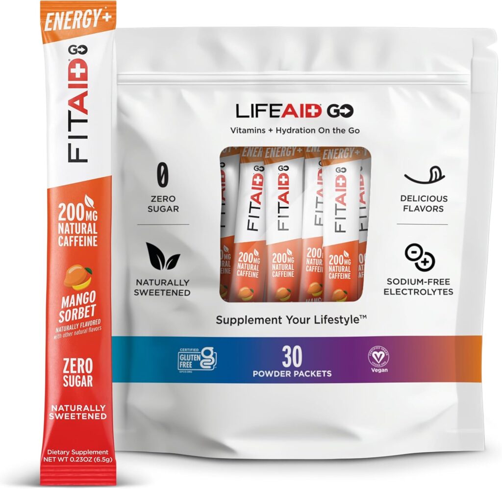 FITAID Energy GO Energy Blend, 200mg Caffeine from Green Tea, Zero Sugar, All-in-One Energy: BCAAs, B-Complex, COQ-10, Keto Friendly Pre-Workout Drink, Paleo, Mango Sorbet, (Value Pack of 30)