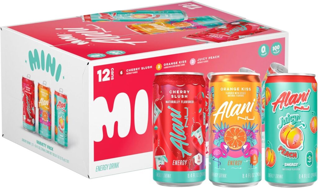 Alani Nu Mini Energy | Variety Pack | CHERRY SLUSH, JUICY PEACH, & ORANGE KISS | Sugar-Free Energy Drinks | 100mg Caffeine & B Vitamins | 5-10 Calories | 8.4oz Cans | 12 Pack