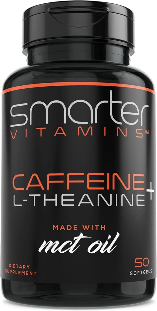 SmarterVitamins 200mg Caffeine Pills – MCT Oil from 100% Coconuts + 100mg L-Theanine, Energy and Focus, Extended Release Capsule, 50 Liquid Softgels