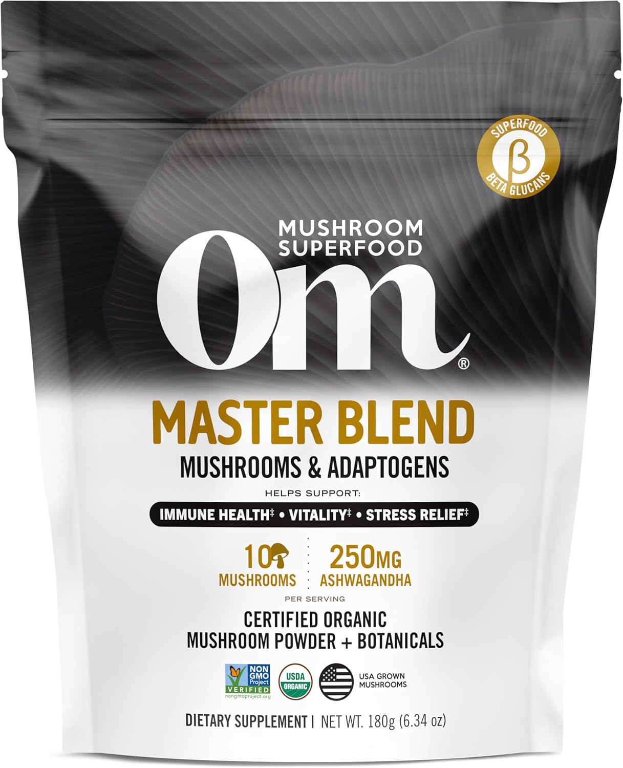 Om Mushroom Master Blend, Organic 10 Mushroom Complex & Adaptogens Powder, Reishi & Lions Mane – 6.2 oz