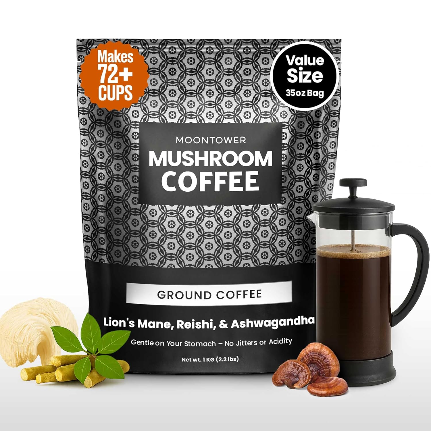 Moontower Adaptogen Coffee – Mushroom Coffee with Ashwagandha, Lions Mane, & Reishi, Organic Mushrooms Blend, Medium Roast Ground Coffee Beans – Organic Blend, For Focus & Clarity (35 oz)