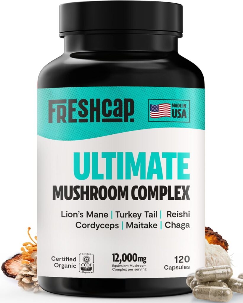 FreshCap Mushrooms Ultimate Mushroom Supplement 12,000mg – Mushroom Complex Capsules, Organic Supplement, Nootropic Brain Supplements for Memory and Focus Ayurveda (120 Capsules)