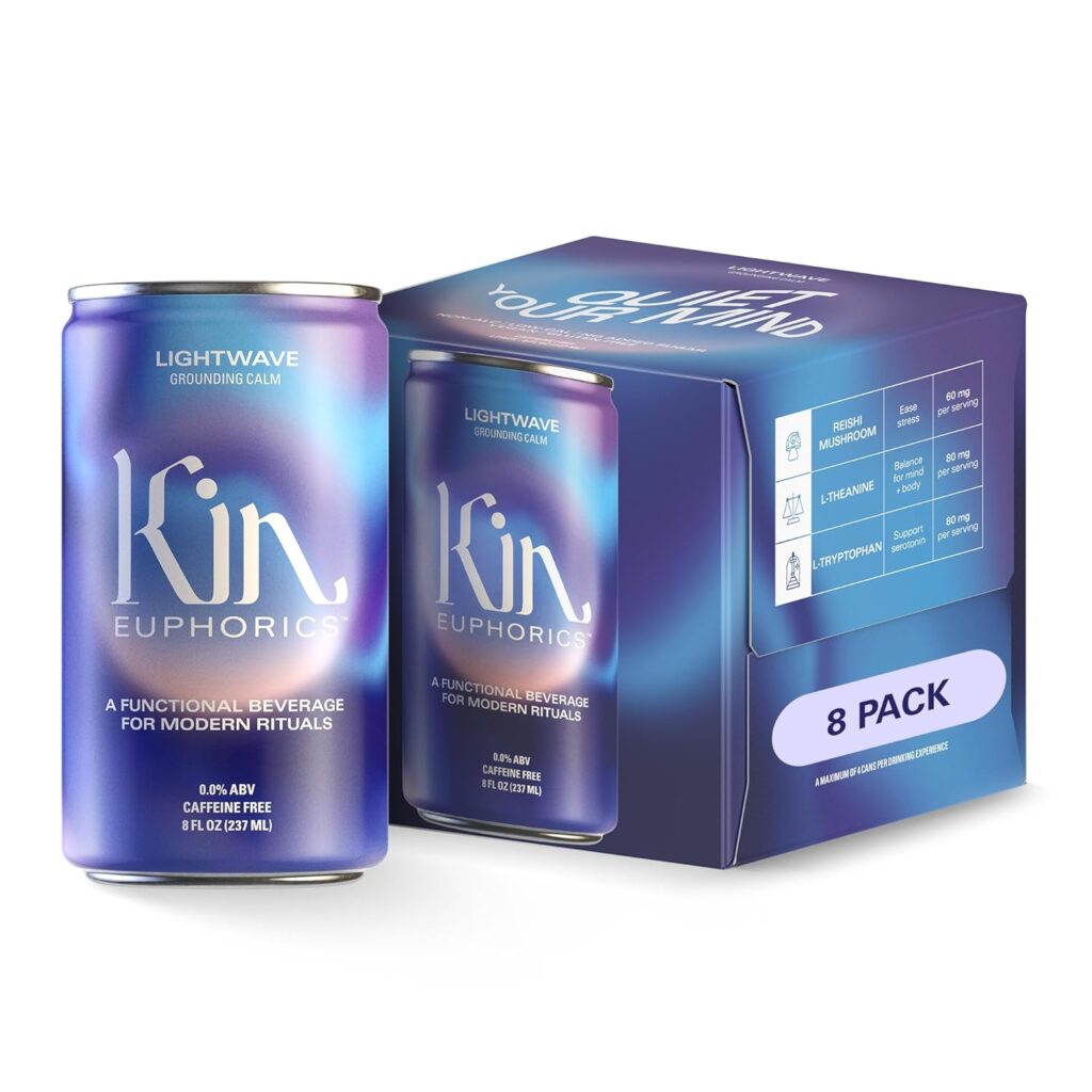Kin Euphorics Lightwave Non-Alcoholic Functional Beverage | Calm the Mind & Mellow the Mood | Adaptogens, Nootropics, Reishi Mushroom & L-Theanine | 8 Fl Oz (8pk)