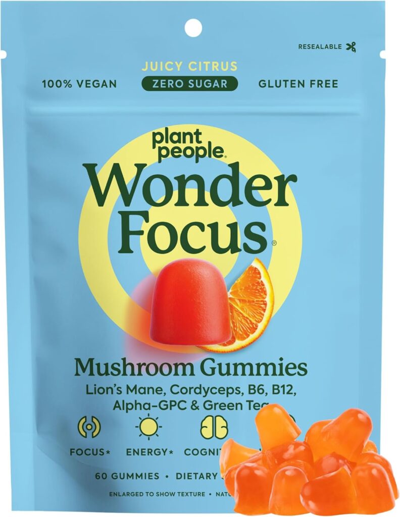 Plant People WonderFocus Mushroom Gummies with Lion’s Mane & Cordyceps – Nootropic Brain Supplement Boosts Memory, Focus, Energy & Mood in Adults | No Sugar, 100% Vegan, Citrus Flavor, 60 Count