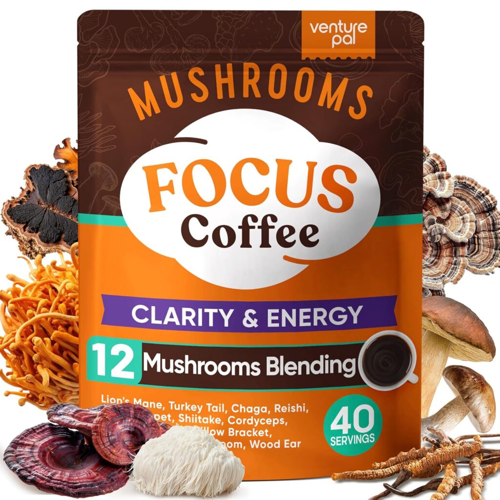Venture Pal Mushroom Coffee with 12 Adaptogenic Functional Mushrooms with Ashwagandha, Lion’s Mane, Chaga and Probiotics, 1200mg Mushrooms Instant Coffee for Focus, Digestion & Immunity – 40 Servings