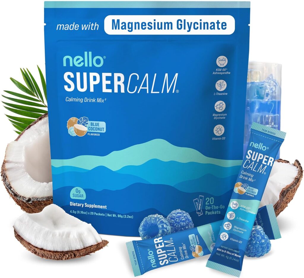 Supercalm Powdered Drink Mix, Blue Coconut, L Theanine, Ksm-66 Ashwagandha, Magnesium Glycinate, Vitamin D 3, Supplements for Relaxation & Focus, No Sugar, Non GMO, On The Go, 20 Srvgs