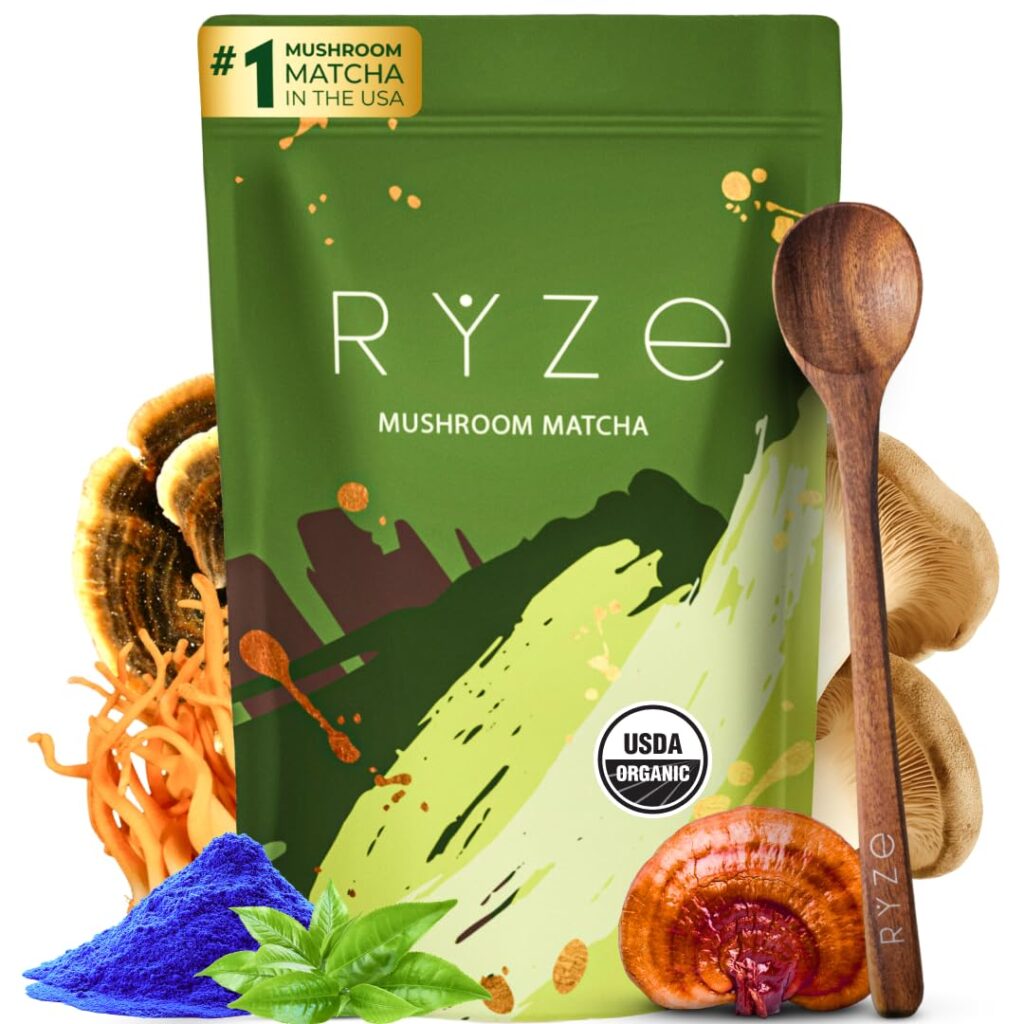 RYZE SUPERFOODS Mushroom Matcha, USDA Organic with 6 Adaptogenic Mushrooms and Ceremonial-Grade Matcha for Energy, Focus, Digestion, Immunity with Turkey Tail, Shiitake, Lion’s Mane, 30 servings