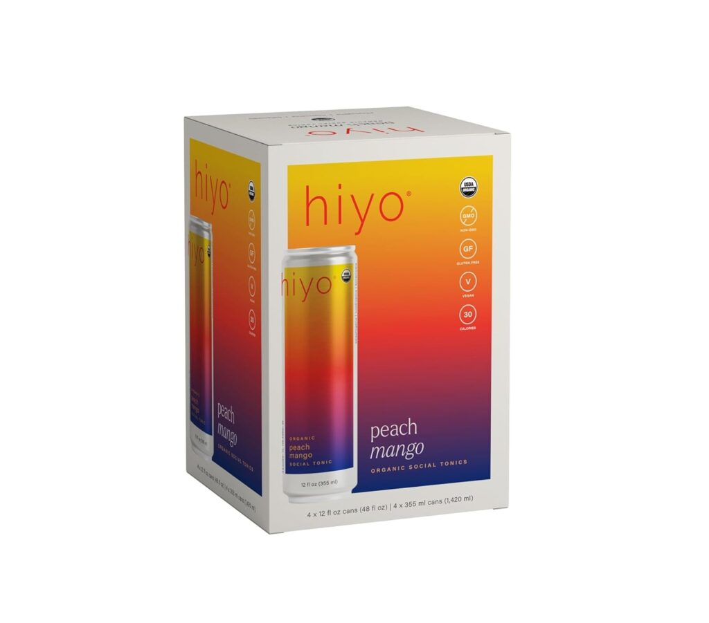 Hiyo Organic Social Tonic – Peach Mango, 4 pack- N.A. Functional Seltzer, Sparkling Water Crafted with Organic Adaptogens, Nootropics & Botanicals