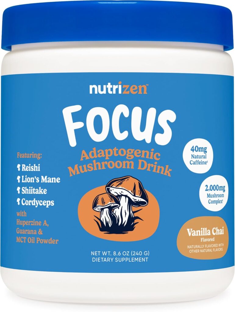Nutricost Nutrizen AM Focus Adaptogenic Mushroom Drink (Vanilla Chai Flavored) 30 Servings – Includes Reishi, Lion’s Mane, Shiitake, Cordyceps