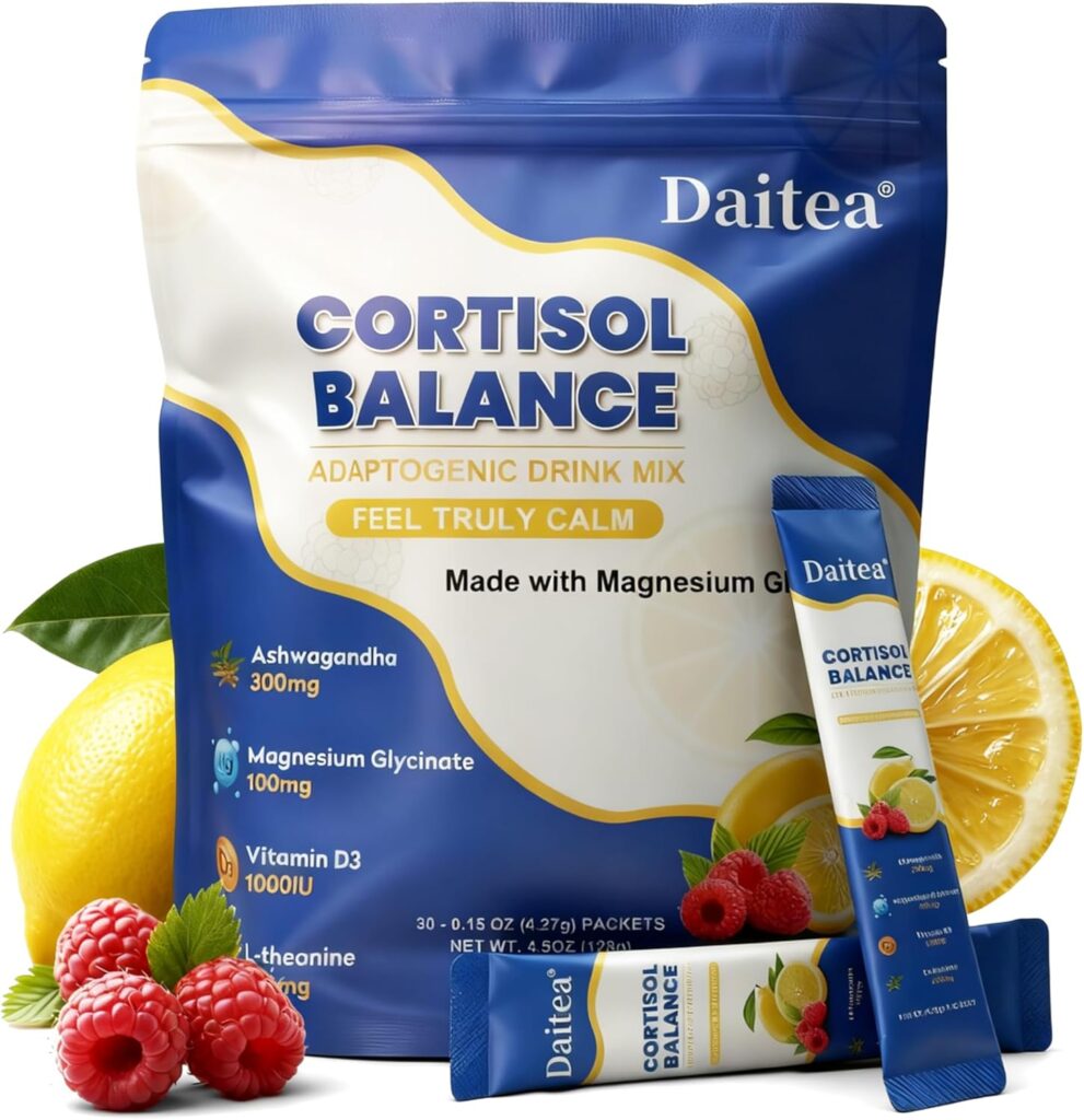 Cortisol Calm Drink Mix with Magnesium Glycinate Powder, L-Theanine, Vitamins, and Ashwagandha for Relaxation & Focus | Adaptogen Drink & Cortisol Support | 30 Packets (Raspberry & Lemon Flavor)