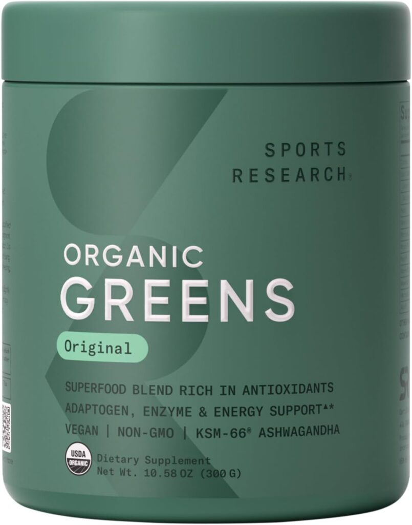 Sports Research® Organic Greens Superfood Powder w/Spirulina & Chlorella, Adaptogens, Enzymes, Probiotics & 8 VIT Bs for Gut & Mood Support* – Vegan, Sugar-Free & Low-Cal Original 30 Servings