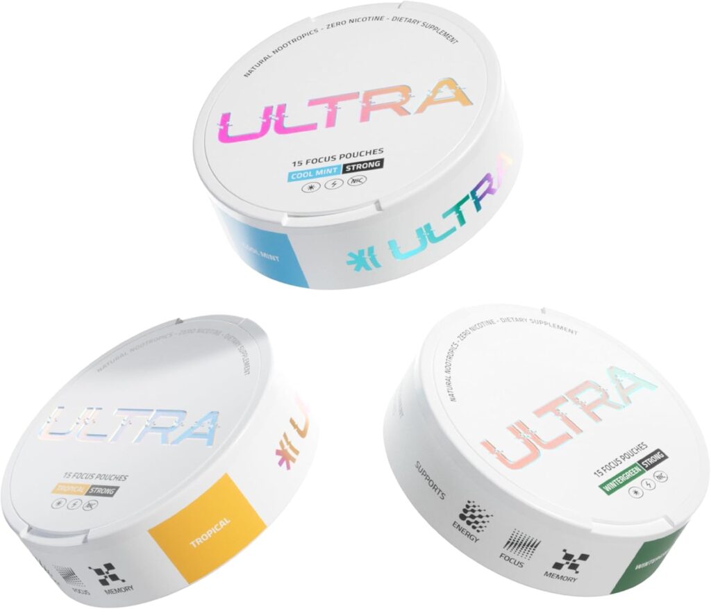 Ultra Focus Pouches (Variety Pack, 3 Cans) Nicotine-Free, Caffeine-Free | Enfinity Paraxanthine | Vitamin B6 + B12, L-Theanine, Alpha GPC, Ginseng | Nootropic Energy & Clarity Plant-Based Pouches