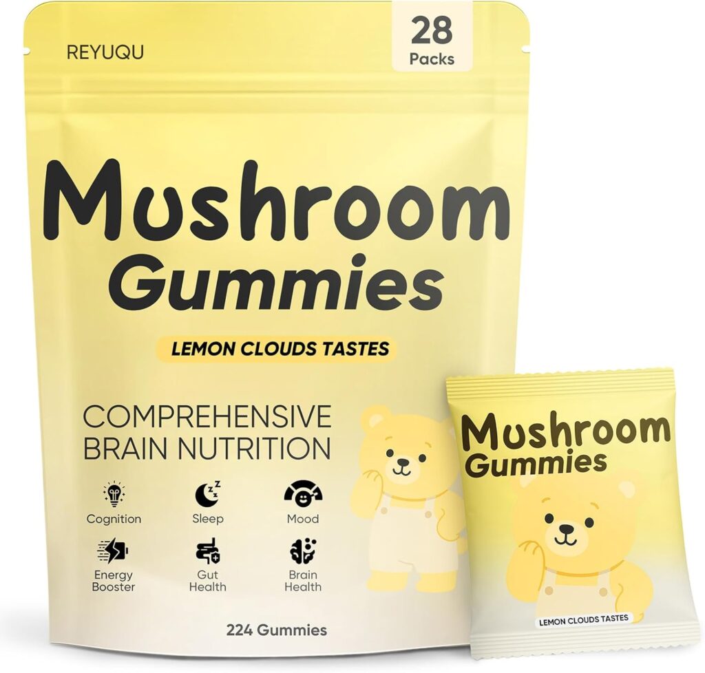 Lions Mane Mushroom Gummies – 10,000 mg Adaptogenic Mushroom Complex per Serving, Vegan, Low Sugar/Sugar-Free, Brain & Focus Support Supplement, 28 Daily Sachets