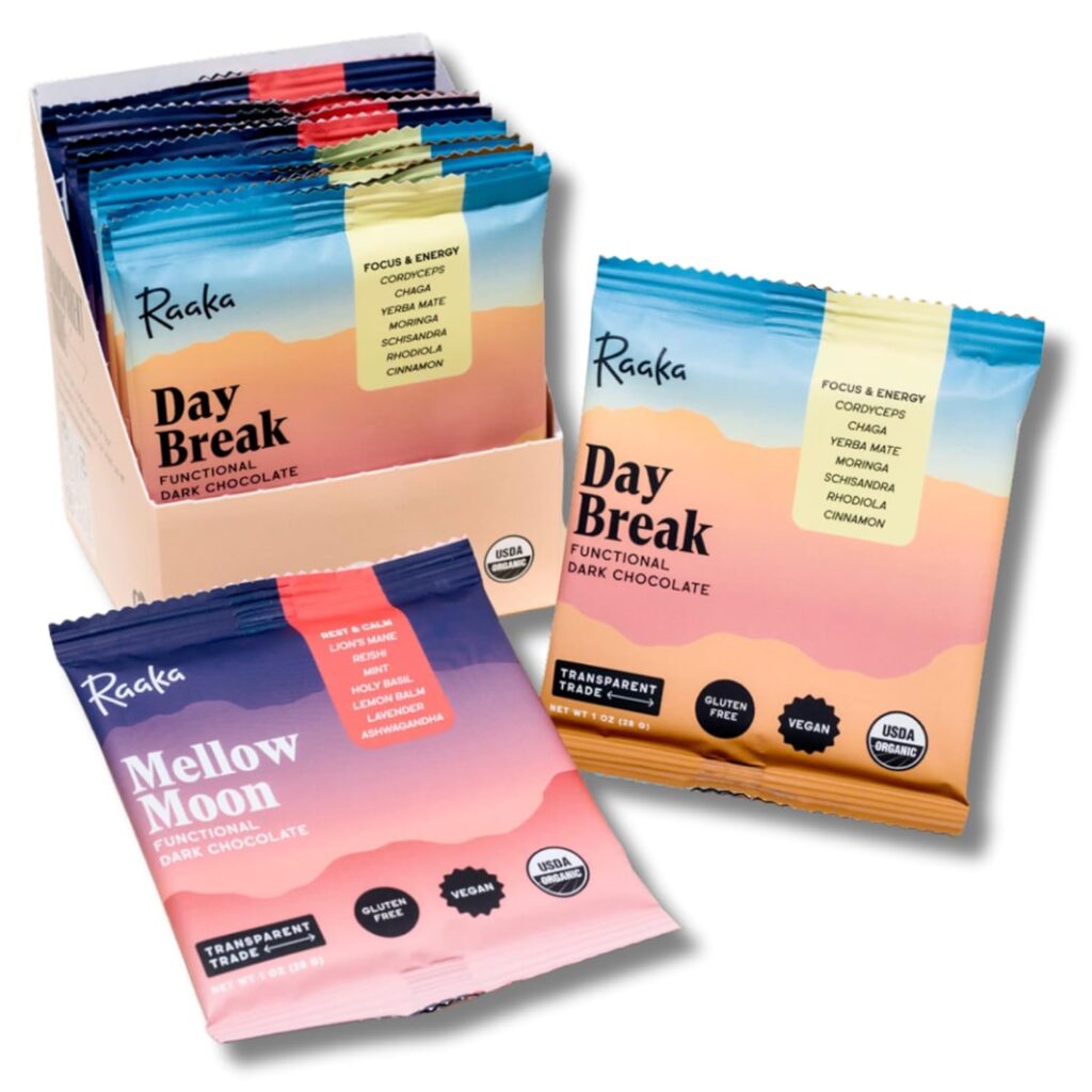 Raaka Functional Mushroom Day Break & Mellow Moon | Day Break for Morning Focus & Energy | Mellow Moon for Evening Rest & Calm | 10 Adaptogen Chocolate Bars