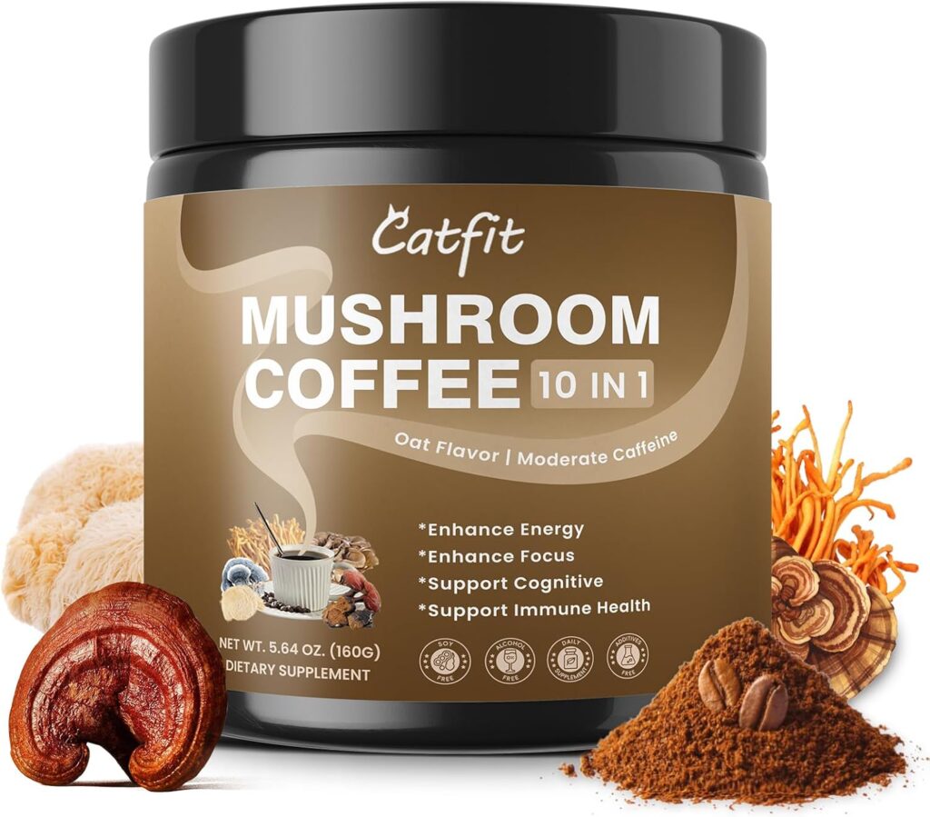 Catfit Instant Mushroom Coffee Powder, 10-in-1 Adaptogen Blend with Lion’s Mane, Chaga & Cordyceps for Energy, Focus, Gut Health & Immune Support – 52 Servings